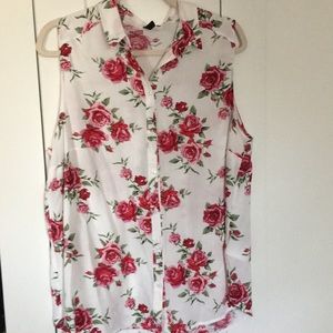 H&M white red rose print blouse